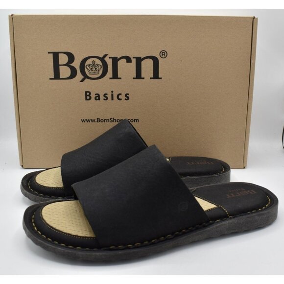 Born Mens Size 12 Leeward Full Grain Black Leather Slip On Slides Sandals  Shoes